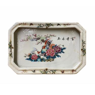 Chinese Off White Porcelain Flower Birds Rectangular Display Plate ws1819E 