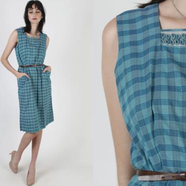 Teal Plaid 50s Dress / Vintage 1950s Checkered Dress With Pockets / Pencil Skirt Knee Length House Dress / Retro Wiggle Fit Mini Dress 
