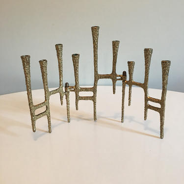 Vintage Menorah, Mid Century Modern Religious Candleholder, Brass / Bronze Gold Colored Brutalist Candle Holder, Made in Jerusalem, Hanukkah 