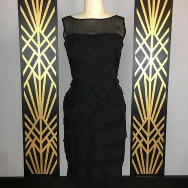 1990s cocktail dress, tiered back lace, vintage 90s dress, sleeveless, medium large, Ann Klein, 30 31 32 waist, sheer, 1990s sheath, size 10 
