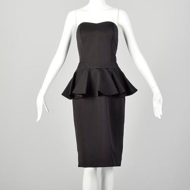 XS 1980s Black Peplum Cocktail Dress Strapless Sexy Party Pencil Dress 