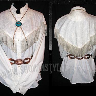 Western Collection Vintage Women's Cowgirl Shirt, Rodeo Queen Blouse, Ivory with Lace & Fringe, Tag Size 40, Tag Sze Large (see meas. photo) 