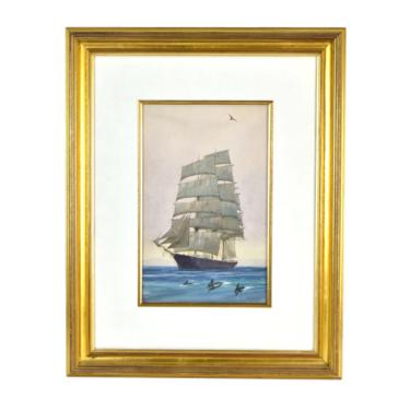 Fine Watercolor Painting Tall Clipper Ship with Dolphins sgnd Gordon Hope Grant 