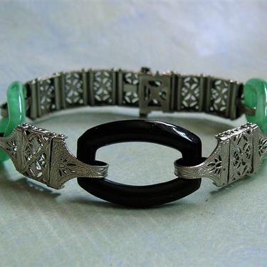 Antique Art Deco Green and Black Czech Glass Filigree Bracelet, Vintage Pierced Art Deco Bracelet, Old Chromium Deco Bracelet (#3892) 