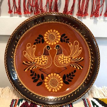 Mexican Ceramic Hanging Plate Handmade Stoneware Bird Folk Art Brown Orange Yellow Clay pottery boho wall hanging 