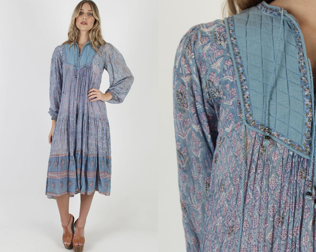 人気満点 Vintage 70s India Gauze Dress Blue Floral Dress Indian ワンピース
