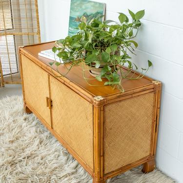 Bamboo Console Cabinet with Woven Grass Cloth Style Finish 