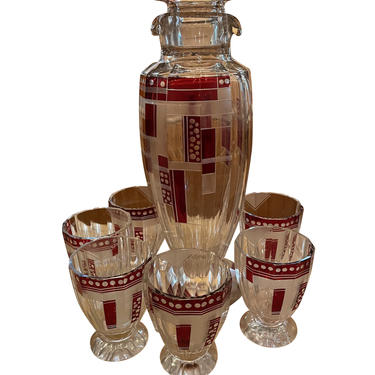 Decanter and Glasses by Karl Palda with Red Pattern