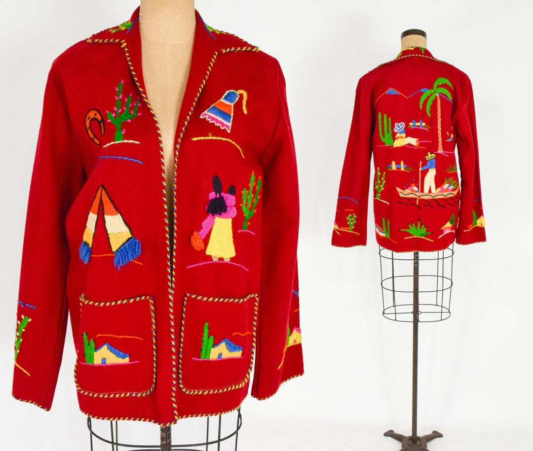 1940s Red Mexican Jacket 40s Red Wool Felt Mexican Jacket Glenna