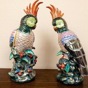 Pair of Vintage Chinese Colorful Ceramic Cockatoo Parrot Sculpture Figurines 