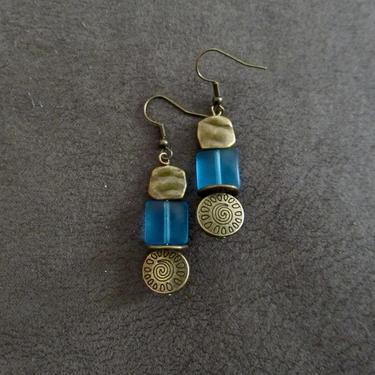 Sea glass earrings, boho chic earrings, tribal ethnic earrings, bold earrings, bronze earrings, unique artisan earrings, blue frosted glass2 