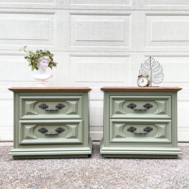 Refinished set of two sage green nightstands / farmhouse / rustic style 