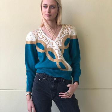 Vintage 80's Beaded Sweater / Blue Gold and Cream Fuzzy Furry Sweater / Puffed Sleeves / Slouchy Sweater 