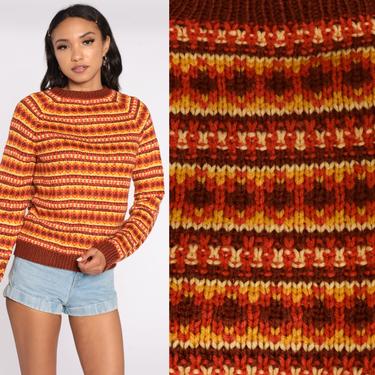 70s Sweater Rust Striped Sweater Orange Wool Geometric Knit 80s Pullover Jumper Knit Ringer Sweater 1970s Vintage Medium 