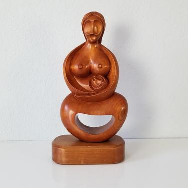 Mid-Century Mother &amp; Child Hand Carved Wood Table Sculpture . 