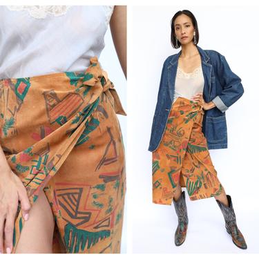 Leather Printed Skirt / Suede Wrap Skirt / Seventies Style 80's Hippie Suede Skirt / Festival Skirt / Suede Leather Skirt Red Green Print 