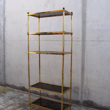 French Brass Patina Etagere with Smokey Glass Shelving / Display Unit 
