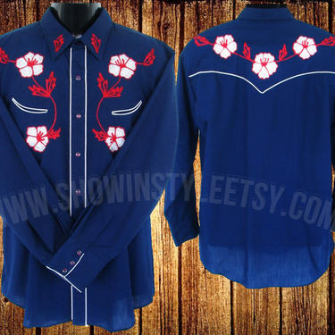 Vintage Western Men's Cowboy &amp; Rodeo Shirt by TemTex, Navy Blue with Boldly Embroidered White Flowers, Approx. Large (see meas. photo) 