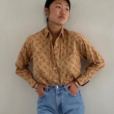 90s Calvin Klein cotton paisley blouse / vintage ochre dijon cotton print paisley pocket shirt blouse | M L 