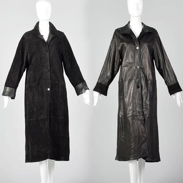 Medium Reversible Leather Coat Long Black Suede Patch Pockets Soft Supple Lightweight Fall 1990s Vintage Coat 