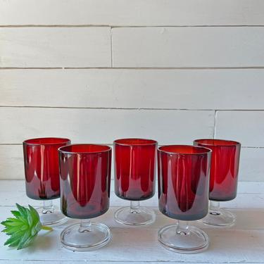 Vintage Ruby Red Luminarc Arcoroc Glasses, Set of 5 // Blood Red Wine Glasses // Made In France, Midcentury Red Glassware // Gift 