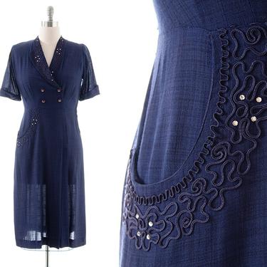 Vintage 1940s 1950s Dress | 40s 50s Navy Blue Linen Soutache Rhinestone Wiggle Sheath Day Dress with Pocket (medium/large) 