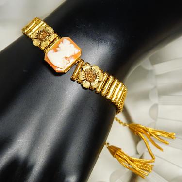 Victorian 10K GF Cameo Ladder Link Bracelet W/ Weighted Gold Tassels, Classic Relief Cameo, Gold Ladder Links, Accent Flowers, 6 3/4&quot; L 