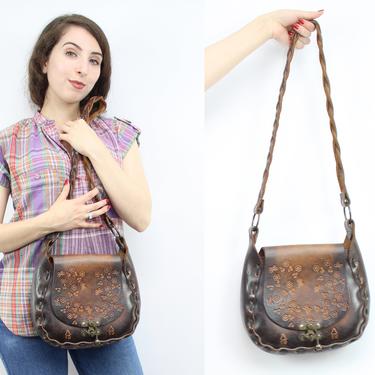 Vintage 70's Dark Brown Mushroom and Flowers Tooled Leather Shoulder Bag / 1970's Carved leather Fall Purse / Women's Accessories / Handbag by Ru