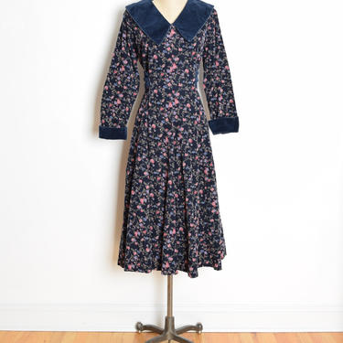 vintage 90s dress navy floral print corduroy modest cottagecore prairie maxi L clothing pointy collar 