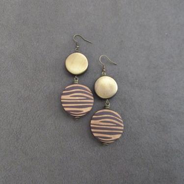 Mid century modern earrings, long brown wood and bronze Afrocentric dangle earrings, chic earrings, African earrings, bold statement zebra 3 