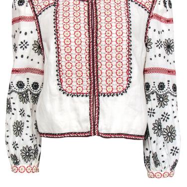 Veronica Beard - White, Red &amp; Black Linen Floral Beaded &amp; Embroidered Jacket Sz XL