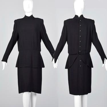Small Sonia Rykiel Black Dress Fitted Shirt Waist Rhinestone Buttons High Collar Long Sleeve Professional Vintage 1980s 