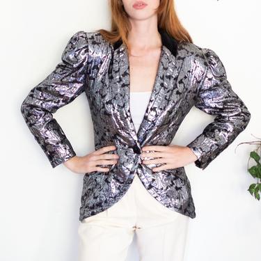 Vintage 70s ROCCO BAROCCO Silver Lamé Leaf Print Metallic Puff Sleeved Jacket with Velvet Collar sz XS S Made in France 