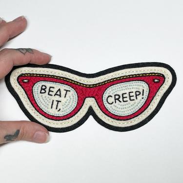 PRE-ORDER : Handmade / hand embroidered off-white &amp; black felt patch - Beat It, Creep! cat eye glasses - vintage style 