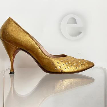 Gold Leather + Rhinestone Pumps! • Vintage 50s 60s Sexy Stiletto Heels • Rockabilly Pin Up Burlesque • High Heel Shoes •  7 or 7-1/2 7.5 
