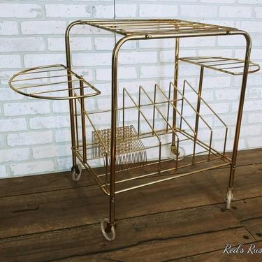 Mid Century Brass Wire Record Rack Stereo Stand with Wheels 