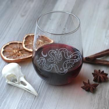 Snakes + Lunar Cycle Stemless Wine Glass - dishwasher-safe, engraved 