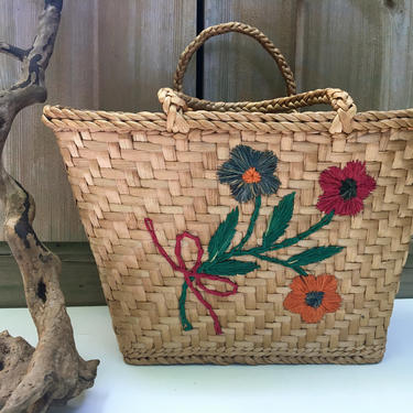 Vintage Straw Bag With Flowers, Summer Pool Bag, Hand Bag, Small Beach Bag, Knitting Craft Bag 