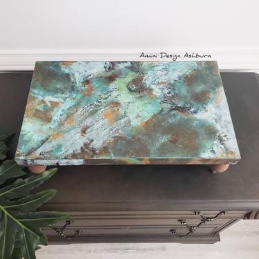 Large wood riser, patina, boho, industrial table pedestal decor, housewarming gift, welcome present 