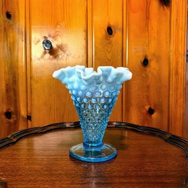 Vintage Fenton Glass Opalescent Blue Hobnail 5 1/2 Double Crimped Vase 