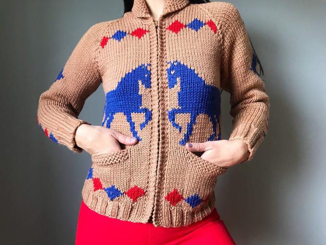 Vintage 50s Chunky Knit Wool Horse Sweater Mary Maxim Handmade Equestrian Zip Up Cardiagn By Losgitanosvintage From Los Gitanos Vintage Of Washington Dc Attic