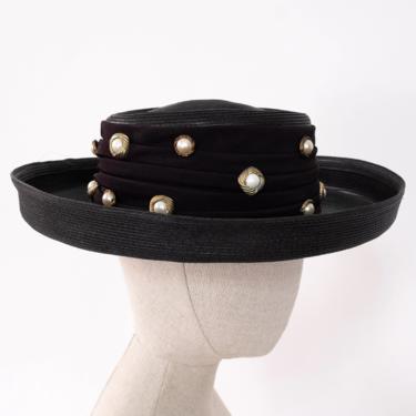 Vintage 80s Whittall &amp; Shon Black Straw Wide Brim Hat w/ Gold Pearl Studded Band and Tilt Strap | Opening Day | 1980s Designer Boho Chic Hat 