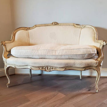 Antique French Provincial Louis XV Style Carved & Painted Cream Upholstered Settee 