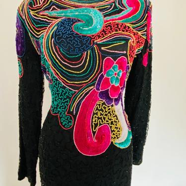 80’s vintage SEQUIN Dress vintage rainbow sequin bead dress, sequence cocktail dress, abstract Art Deco paisley dress 