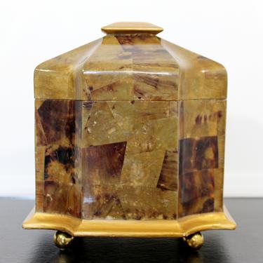 Mid Century Modern Maitland Smith Tessellated Stone Gilt Lidded Box Vessel 1970s 