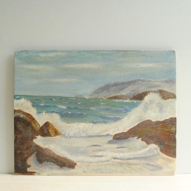 Vintage Ocean Painting, Seascape Painting, Oceanscape Painting, Painting of Waves Crashing on Rocks, Beach Painting 