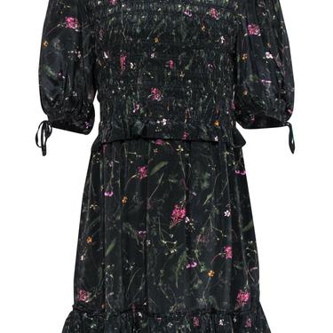All Saints - Black Floral Print Smocked Ruffled Puff Sleeve "Jaya Heligan" Dress Sz 10