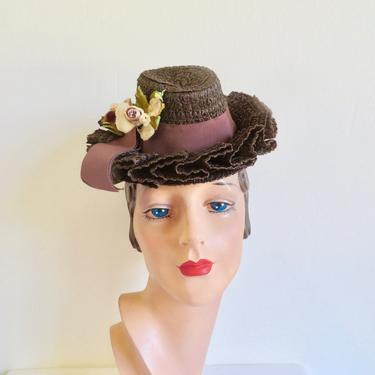 Vintage 1940's Dark Chocolate Brown Straw Ruffle Brim Tilt Topper Toy Hat Velvet Flowers Roses Trim Ribbon Rockabilly WW2 Era Janyth Roy 