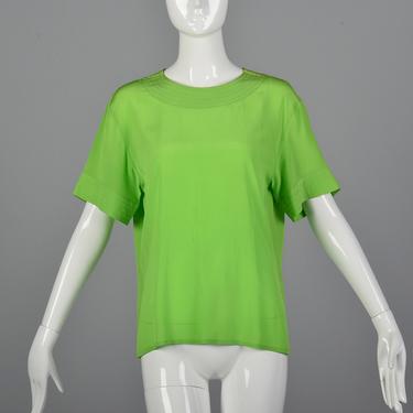 Medium 1990s Max Mara Green Silk Top Short Sleeve Blouse Lightweight Separates Spring Summer 90s Vintage Designer 