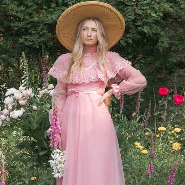 70s Pink Victorian Dress | Poet Sleeve Lace Maxi Dress | Dusty Rose Princess Dress | Ruffle High Collar Gunne Sax Edwardian Dress | XS Small 